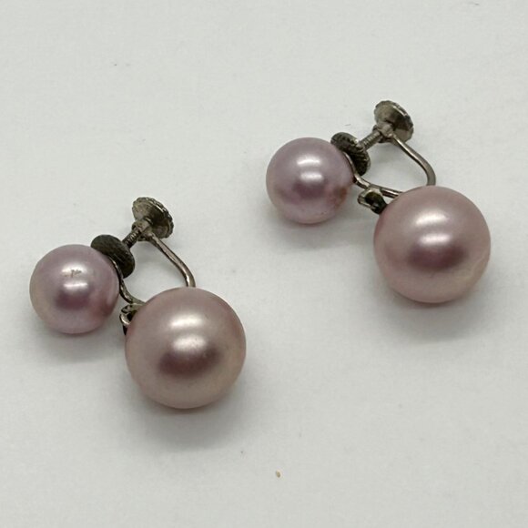 Vtg Pink Faux Pearl Drop Dangle Earrings 925 Screw-Back MCM 1940-50s 5.2 Grams - Picture 2 of 16